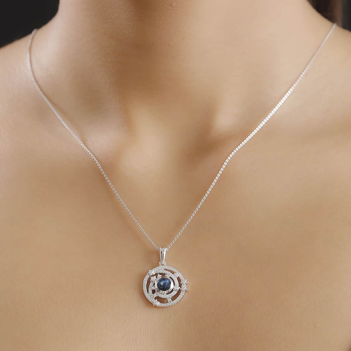 Blue Star Sapphire (DF) and Moissanite 2.00 ctw Celestial Star Pendant Necklace in Rhodium Over Sterling Silver 20 Inches (Del. In 8-10 Days) image number 2