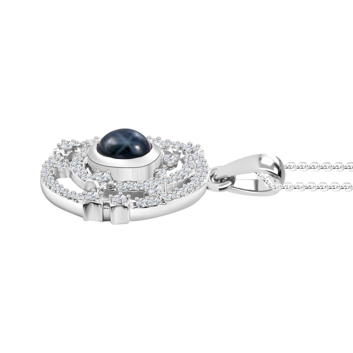 Blue Star Sapphire (DF) and Moissanite 2.00 ctw Celestial Star Pendant Necklace in Rhodium Over Sterling Silver 20 Inches (Del. In 8-10 Days) image number 3