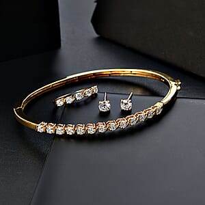 Set of 3 Moissanite 2.75 ctw Swirl Wave Bangle Bracelet (7.25In), Ring (Size 7.0) and Solitaire Stud Earrings in 18K Vermeil Yelow Gold Over Sterling Silver