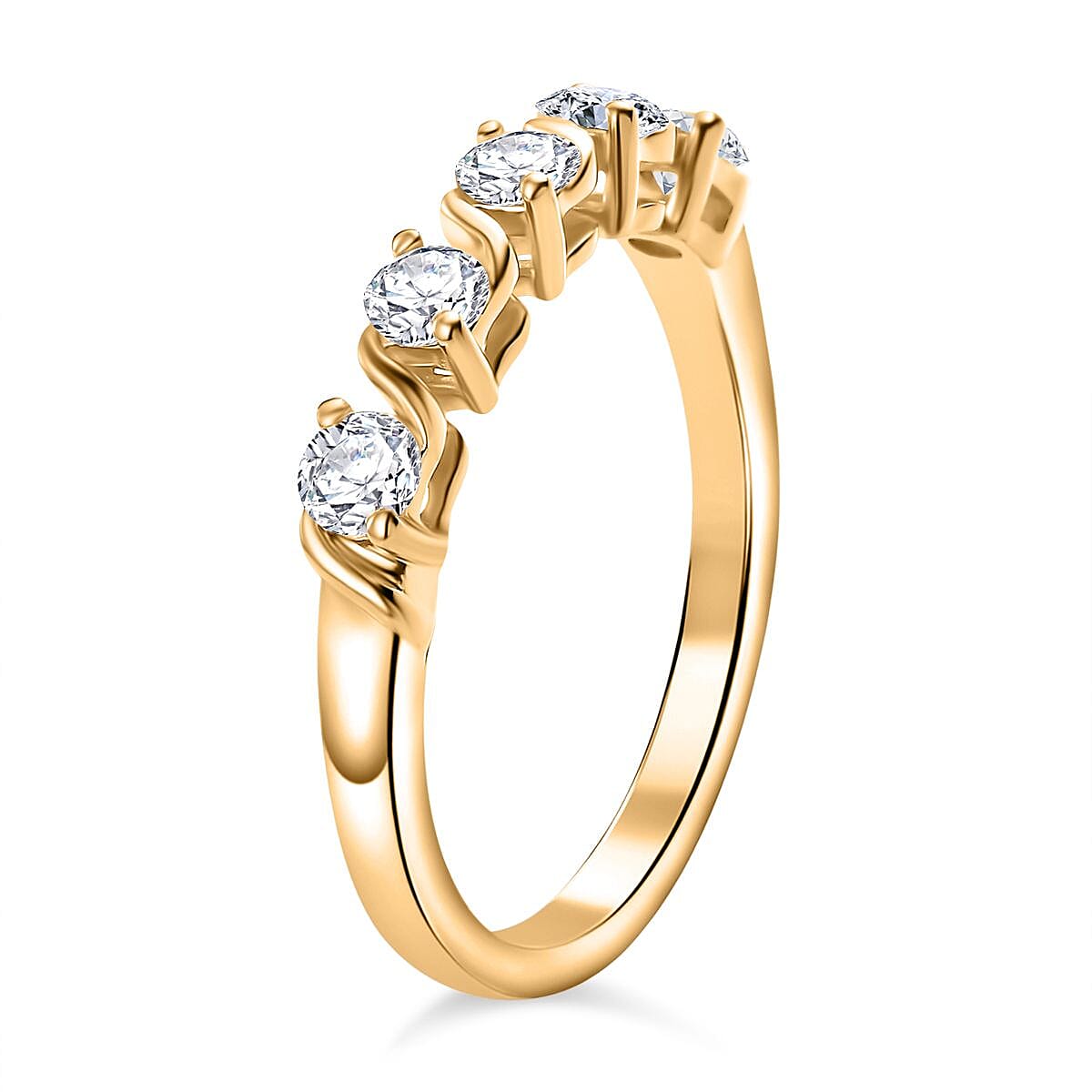 Set of 3 Moissanite 2.75 ctw Swirl Wave Bangle Bracelet (7.25In), Ring (Size 7.0) and Solitaire Stud Earrings in 18K Vermeil Yelow Gold Over Sterling Silver image number 4