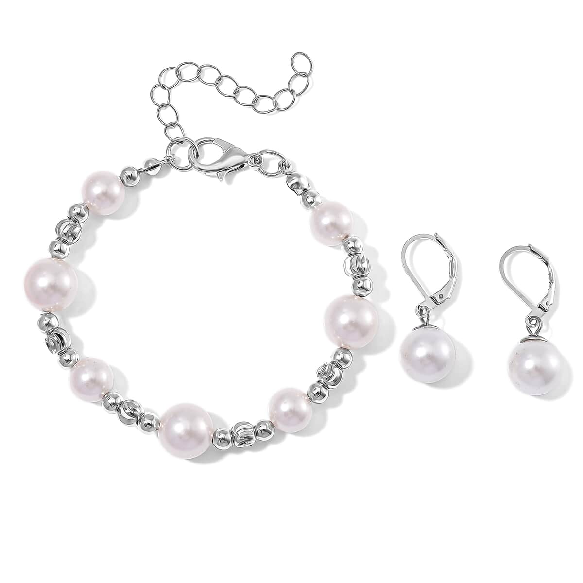 White Shell Pearl Bracelet (6.50-8.50In) and Lever Back Earrings in Silvertone and Stainless Steel image number 0