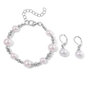 White Shell Pearl Bracelet (6.50-8.50In) and Lever Back Earrings in Silvertone and Stainless Steel
