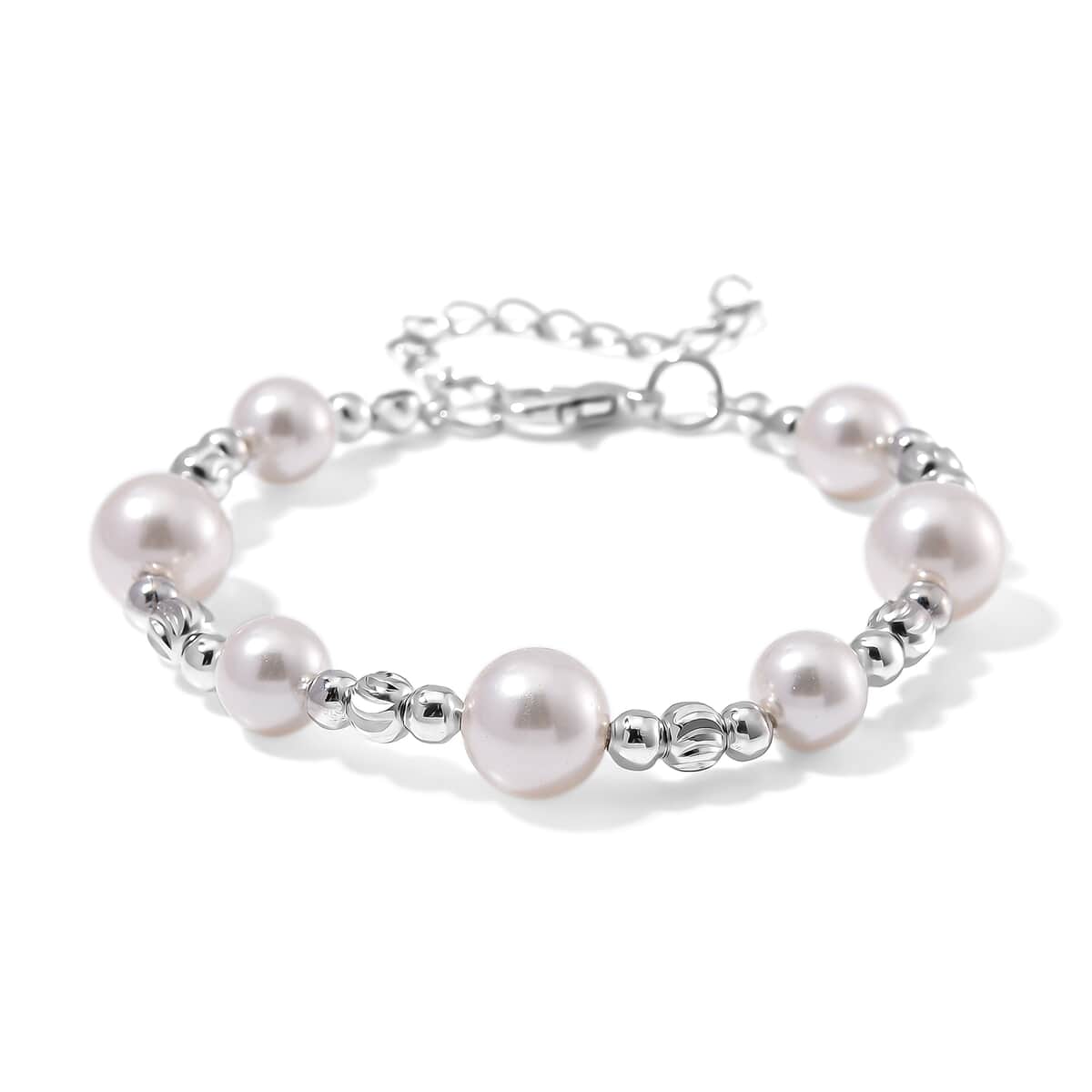 White Shell Pearl Bracelet (6.50-8.50In) and Lever Back Earrings in Silvertone and Stainless Steel image number 2