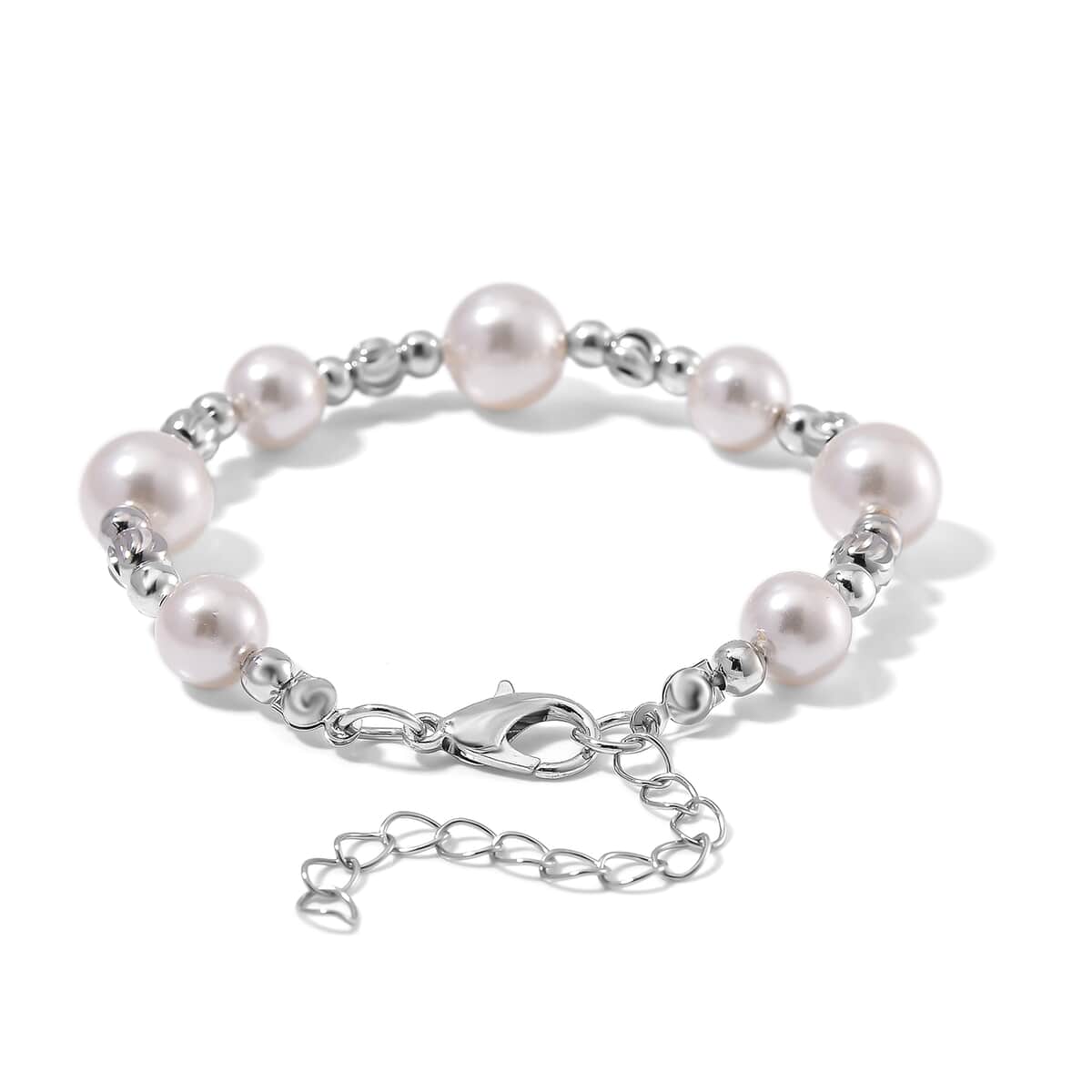 White Shell Pearl Bracelet (6.50-8.50In) and Lever Back Earrings in Silvertone and Stainless Steel image number 3