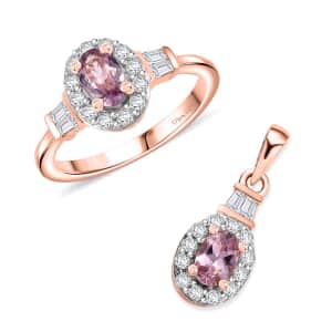 Narsipatnam Pink Spinel, White Zircon 1.75 ctw Rose Halo Ring (Size 6) and Pendant in 18K Vermeil Rose Gold Over Sterling Silver 