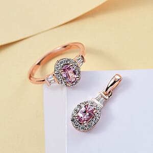 Narsipatnam Pink Spinel, White Zircon 1.75 ctw Rose Halo Ring (Size 6) and Pendant without Chain in 18K Vermeil Rose Gold Over Sterling Silver 