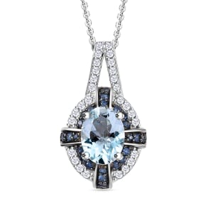 Mangoro Aquamarine and Multi Gemstone 1.60 ctw Starlight Halo Pendant Necklace in Rhodium Over Sterling Silver 20 Inches