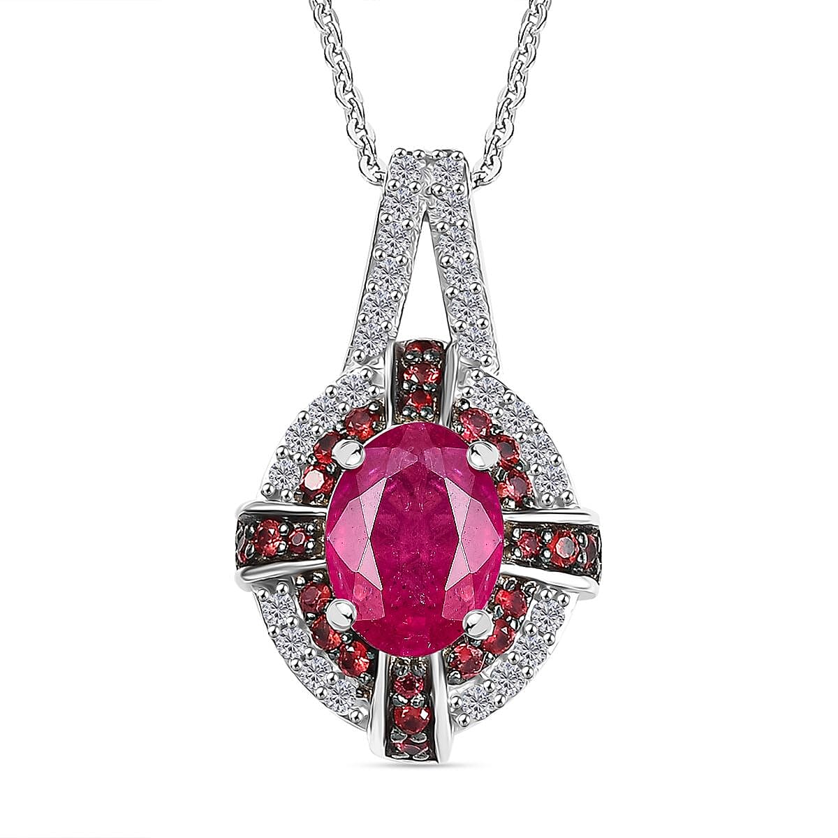 Mozambique Ruby and Multi Gemstone 1.90 ctw Starlight Halo Pendant Necklace in Rhodium Over Sterling Silver 20 Inches image number 0