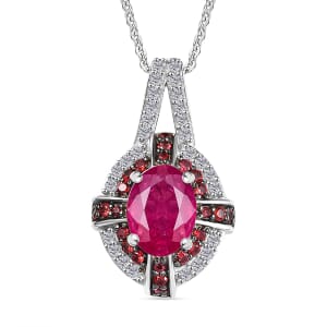 Mozambique Ruby and Multi Gemstone 1.90 ctw Starlight Halo Pendant Necklace in Rhodium Over Sterling Silver 20 Inches