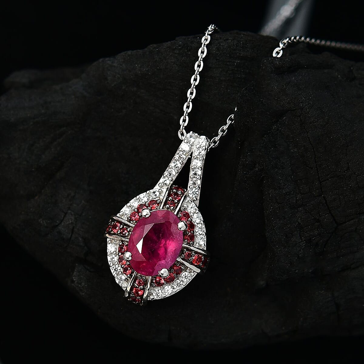 Mozambique Ruby and Multi Gemstone 1.90 ctw Starlight Halo Pendant Necklace in Rhodium Over Sterling Silver 20 Inches image number 1