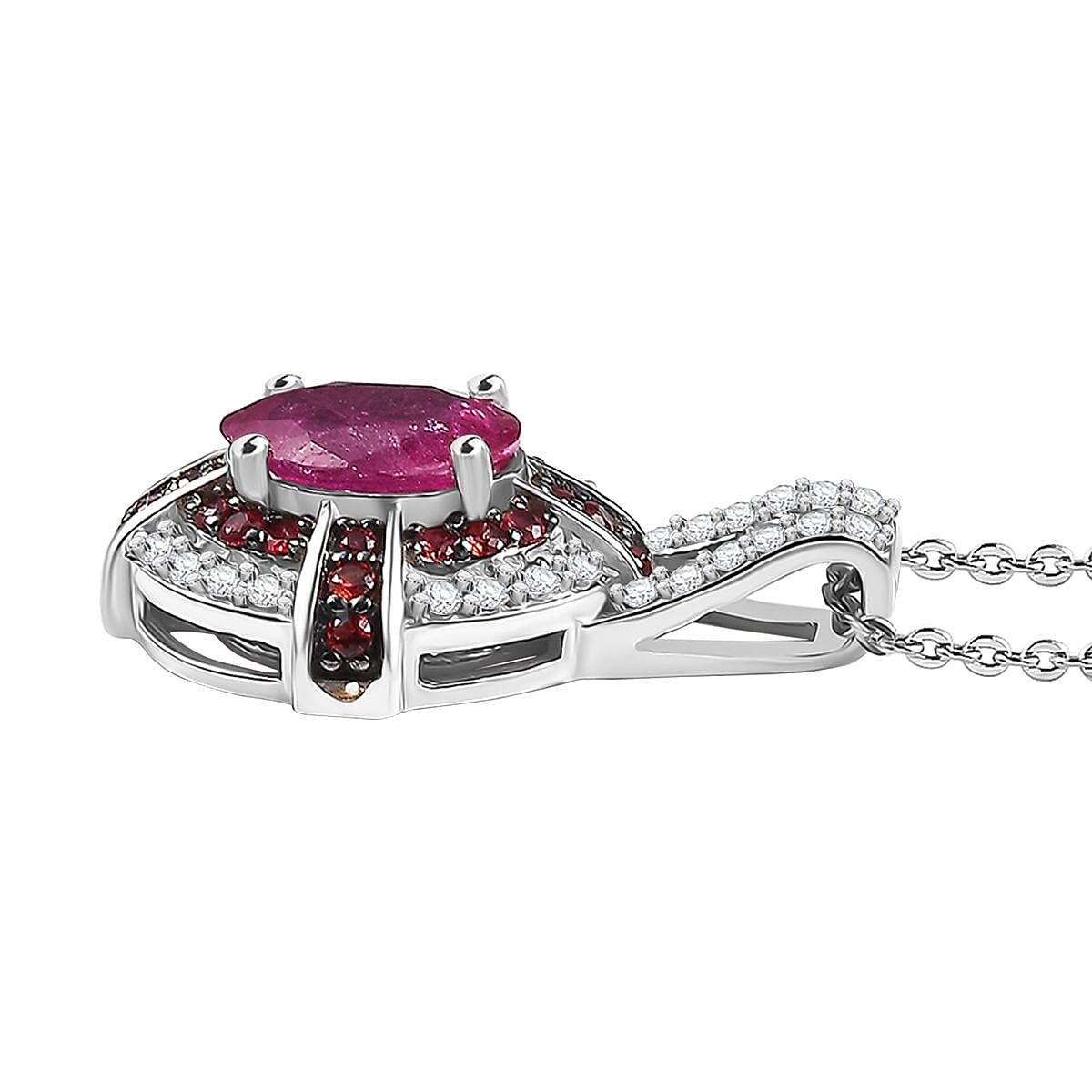 Mozambique Ruby and Multi Gemstone 1.90 ctw Starlight Halo Pendant Necklace in Rhodium Over Sterling Silver 20 Inches image number 3