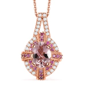 Premium Marropino Morganite and Multi Gemstone 1.65 ctw Starlight Halo Pendant Necklace in 18K Vermeil Rose Gold Over Sterling Silver 20 Inches