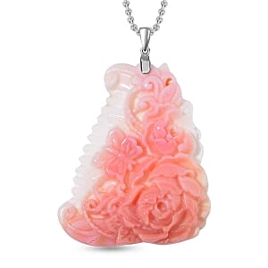Pink Conch Shell Carved Pendant 90.00 ctw Necklace in Rhodium Over Sterling Silver (20 Inches)