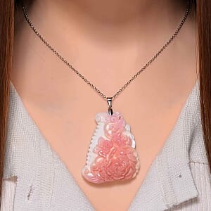 Pink Conch Shell Carved Pendant 90.00 ctw Necklace in Rhodium Over Sterling Silver (20 Inches)