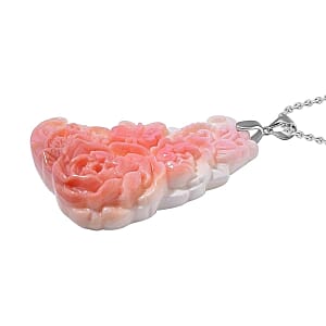 Pink Conch Shell Carved Pendant 90.00 ctw Necklace in Rhodium Over Sterling Silver (20 Inches)