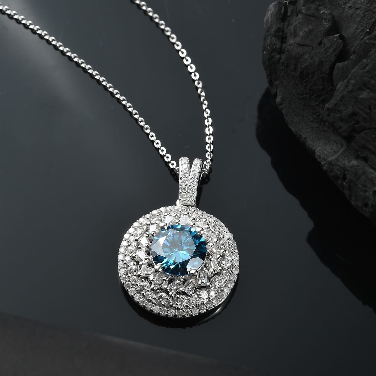 D'Joy Blue Moissanite and Moissanite 3.35 ctw Spiral Galaxy Pendant Necklace 20 Inches in Rhodium Over Sterling Silver image number 1