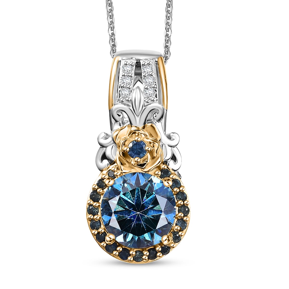 D'Joy Blue and White Moissanite, Blue Sapphire 2.15 ctw Blooming Rose Pendant Necklace 20 Inches in 18K Vermeil YG and Rhodium Over Sterling Silver image number 0