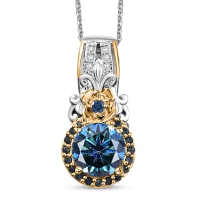D'Joy Blue and White Moissanite, Blue Sapphire 2.15 ctw Blooming Rose Pendant Necklace 20 Inches in 18K Vermeil YG and Rhodium Over Sterling Silver