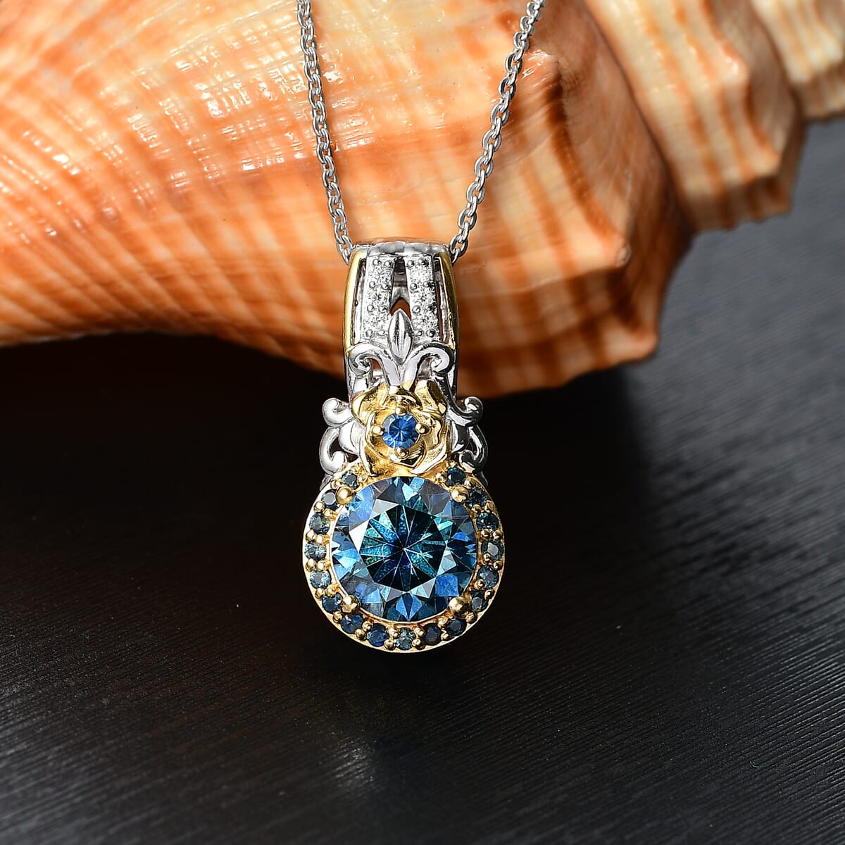D'Joy Blue and White Moissanite, Blue Sapphire 2.15 ctw Blooming Rose Pendant Necklace 20 Inches in 18K Vermeil YG and Rhodium Over Sterling Silver image number 1