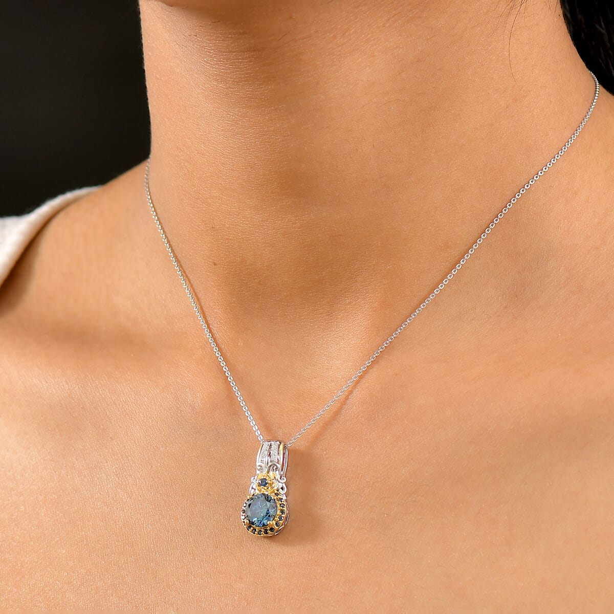 D'Joy Blue and White Moissanite, Blue Sapphire 2.15 ctw Blooming Rose Pendant Necklace 20 Inches in 18K Vermeil YG and Rhodium Over Sterling Silver image number 2