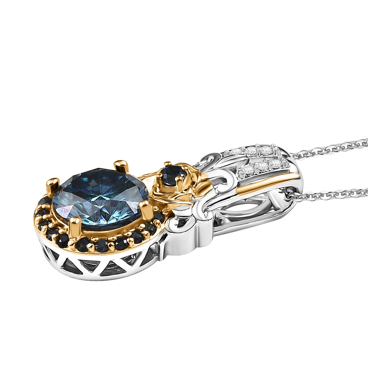 D'Joy Blue and White Moissanite, Blue Sapphire 2.15 ctw Blooming Rose Pendant Necklace 20 Inches in 18K Vermeil YG and Rhodium Over Sterling Silver image number 3