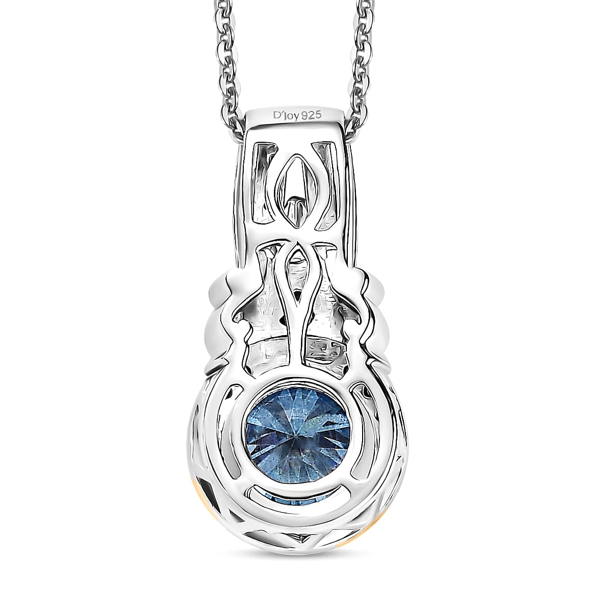 D'Joy Blue and White Moissanite, Blue Sapphire 2.15 ctw Blooming Rose Pendant Necklace 20 Inches in 18K Vermeil YG and Rhodium Over Sterling Silver