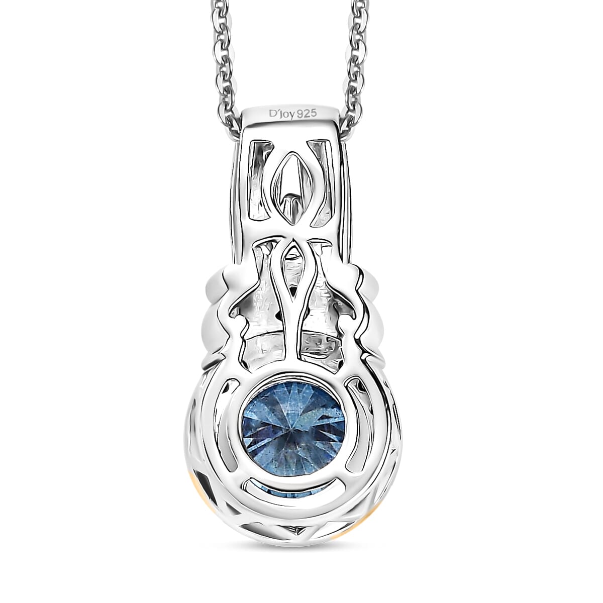 D'Joy Blue and White Moissanite, Blue Sapphire 2.15 ctw Blooming Rose Pendant Necklace 20 Inches in 18K Vermeil YG and Rhodium Over Sterling Silver image number 4