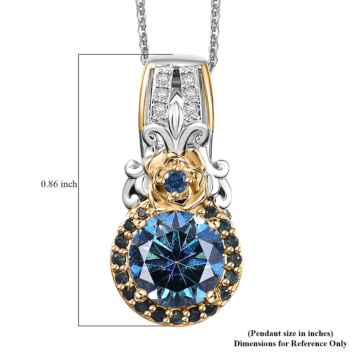D'Joy Blue and White Moissanite, Blue Sapphire 2.15 ctw Blooming Rose Pendant Necklace 20 Inches in 18K Vermeil YG and Rhodium Over Sterling Silver