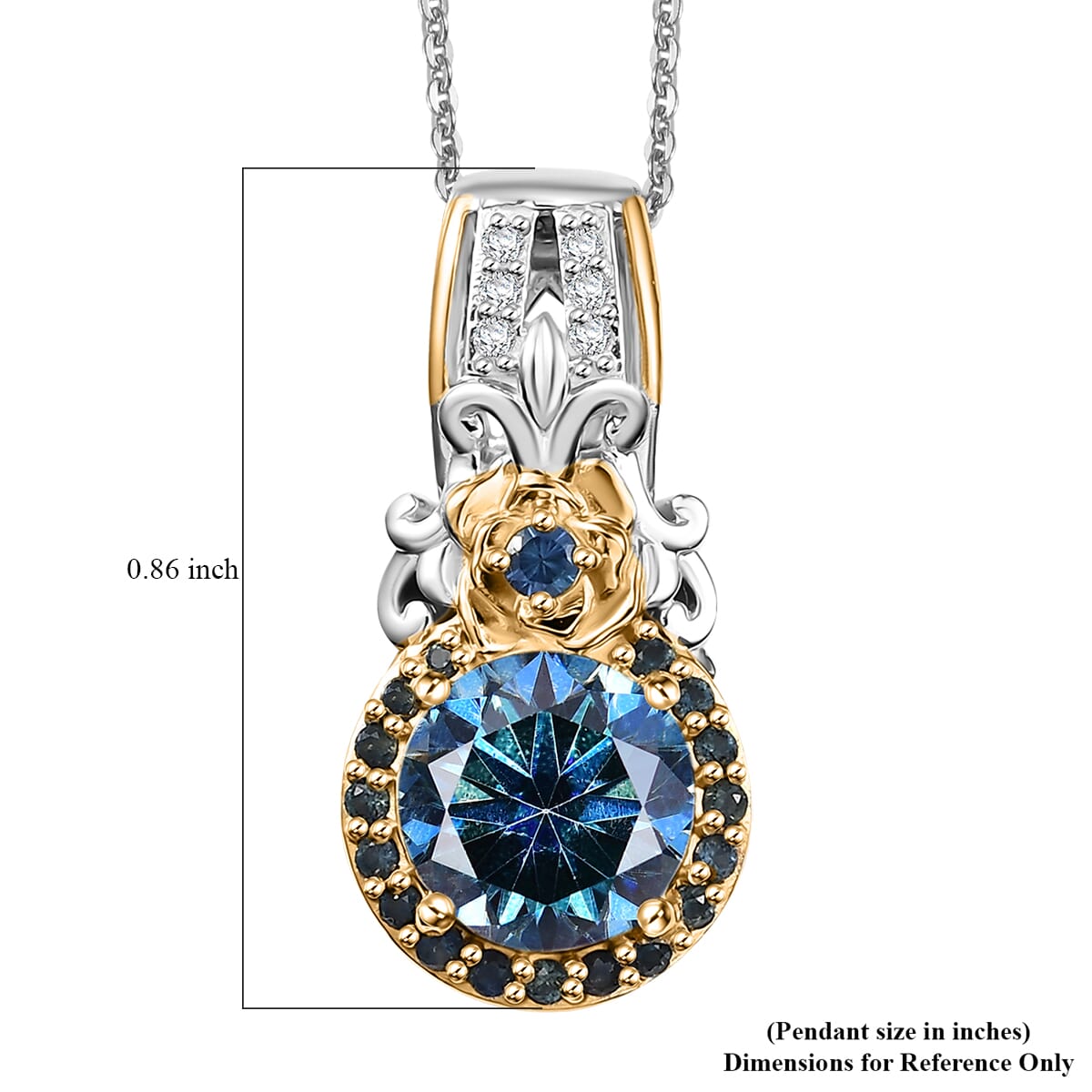 D'Joy Blue and White Moissanite, Blue Sapphire 2.15 ctw Blooming Rose Pendant Necklace 20 Inches in 18K Vermeil YG and Rhodium Over Sterling Silver image number 6