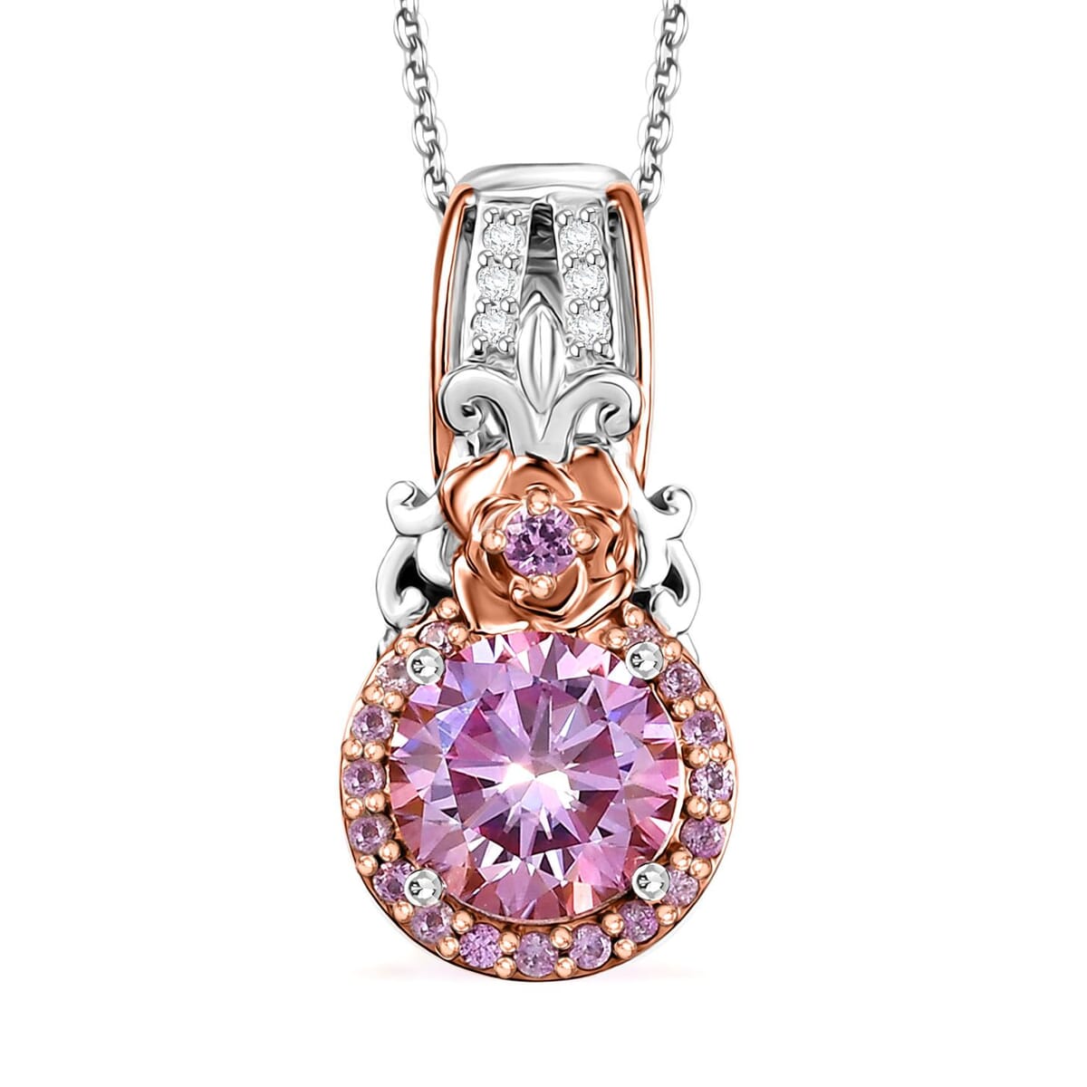 D'Joy Pink and White Moissanite, Pink Sapphire 2.15 ctw Blooming Rose Pendant Necklace 20 Inches in 18K Vermeil RG and Rhodium Over Sterling Silver image number 0