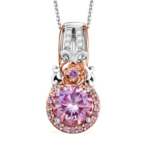 D'Joy Pink and White Moissanite, Pink Sapphire 2.15 ctw Blooming Rose Pendant Necklace 20 Inches in 18K Vermeil RG and Rhodium Over Sterling Silver