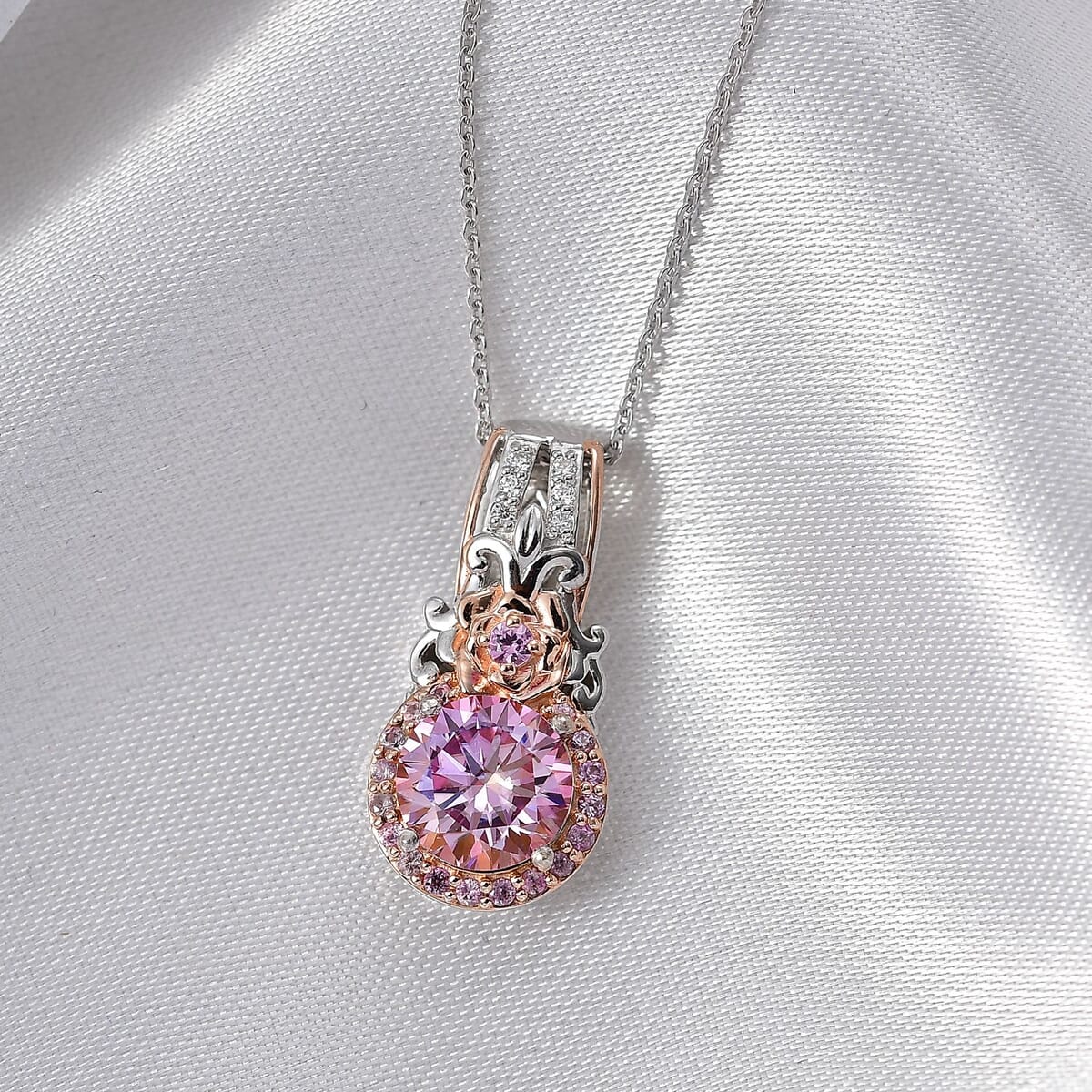 D'Joy Pink and White Moissanite, Pink Sapphire 2.15 ctw Blooming Rose Pendant Necklace 20 Inches in 18K Vermeil RG and Rhodium Over Sterling Silver image number 1