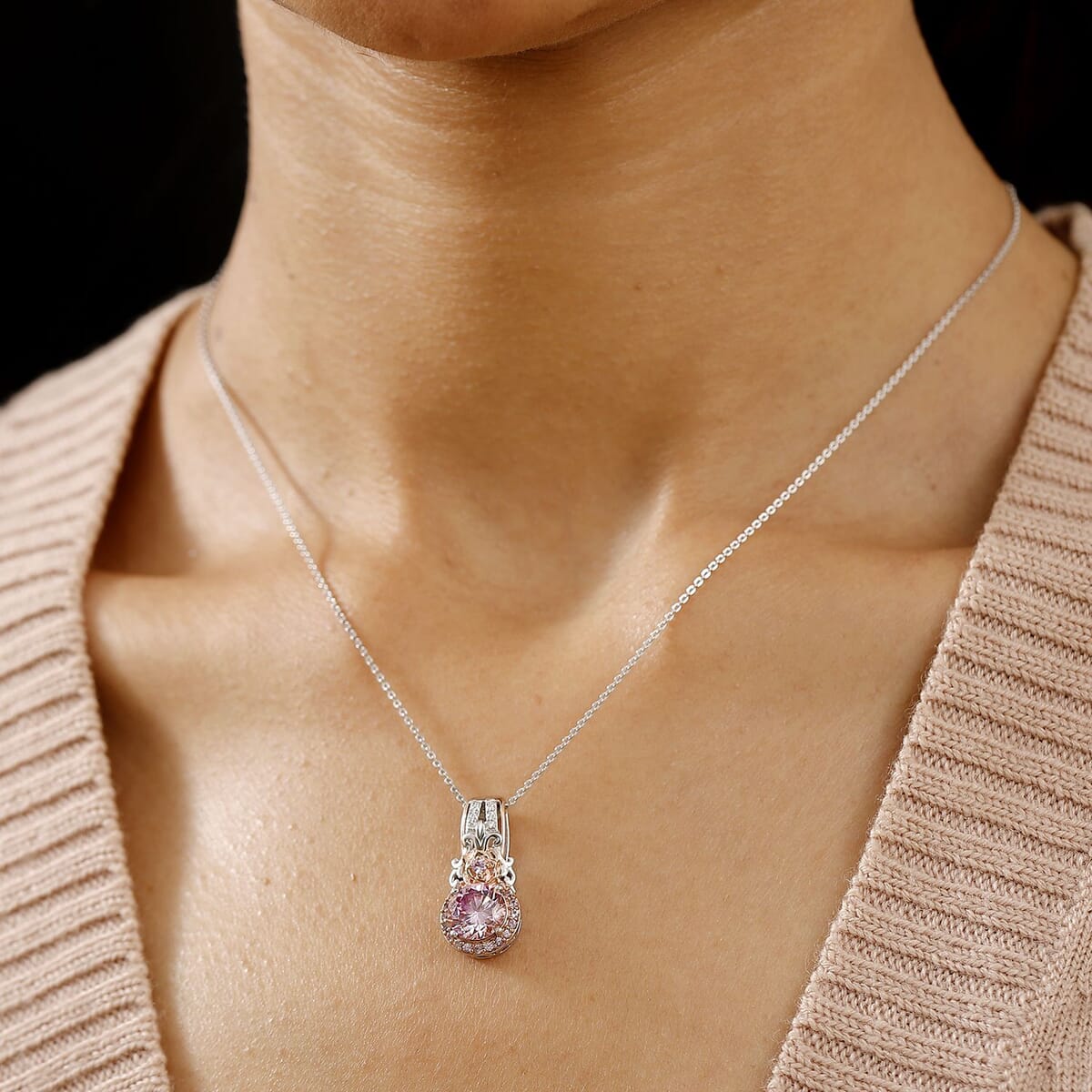 D'Joy Pink and White Moissanite, Pink Sapphire 2.15 ctw Blooming Rose Pendant Necklace 20 Inches in 18K Vermeil RG and Rhodium Over Sterling Silver image number 2