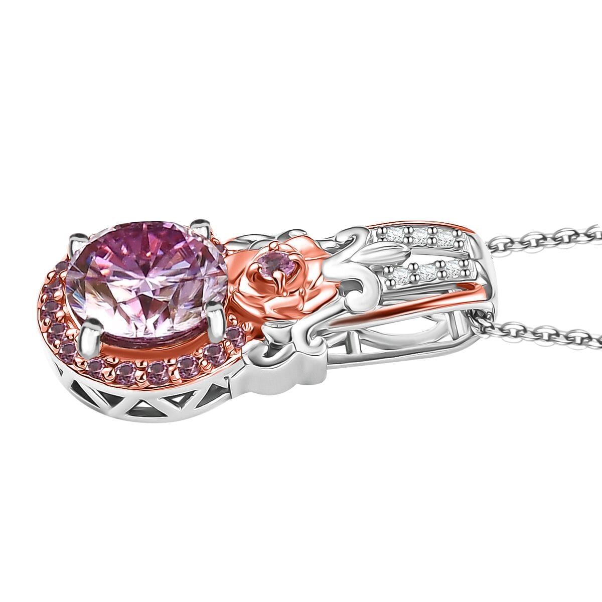 D'Joy Pink and White Moissanite, Pink Sapphire 2.15 ctw Blooming Rose Pendant Necklace 20 Inches in 18K Vermeil RG and Rhodium Over Sterling Silver image number 3