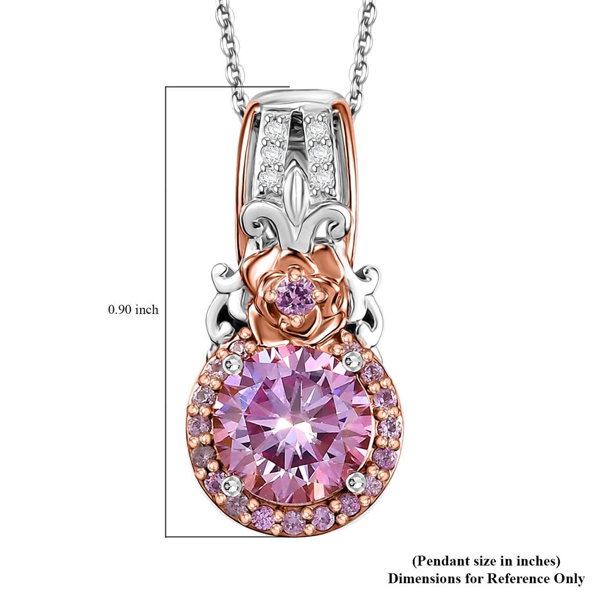 D'Joy Pink and White Moissanite, Pink Sapphire 2.15 ctw Blooming Rose Pendant Necklace 20 Inches in 18K Vermeil RG and Rhodium Over Sterling Silver image number 6