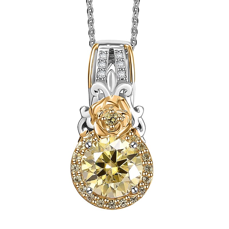 D'Joy Yellow and White Moissanite, Yellow Sapphire 2.15 ctw Blooming Rose Pendant Necklace 20 Inches in 18K Vermeil YG and Rhodium Over Sterling Silver