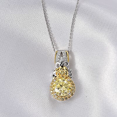 D'Joy Yellow and White Moissanite, Yellow Sapphire 2.15 ctw Blooming Rose Pendant Necklace 20 Inches in 18K Vermeil YG and Rhodium Over Sterling Silver