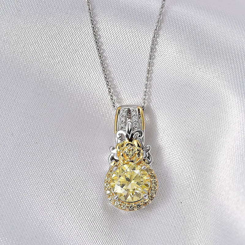 D'Joy Yellow and White Moissanite, Yellow Sapphire 2.15 ctw Blooming Rose Pendant Necklace 20 Inches in 18K Vermeil YG and Rhodium Over Sterling Silver
