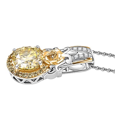 D'Joy Yellow and White Moissanite, Yellow Sapphire 2.15 ctw Blooming Rose Pendant Necklace 20 Inches in 18K Vermeil YG and Rhodium Over Sterling Silver