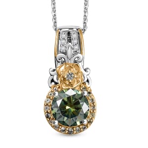 Green and White Moissanite and Green Sapphire 2.15 ctw Pendant Necklace 20 Inches in 18K Vermeil YG and Rhodium Over Sterling Silver