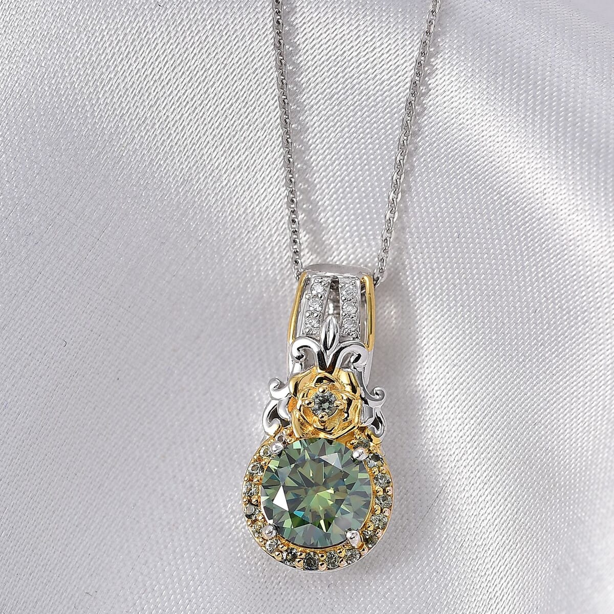 Green and White Moissanite and Green Sapphire 2.15 ctw Pendant Necklace 20 Inches in 18K Vermeil YG and Rhodium Over Sterling Silver image number 1