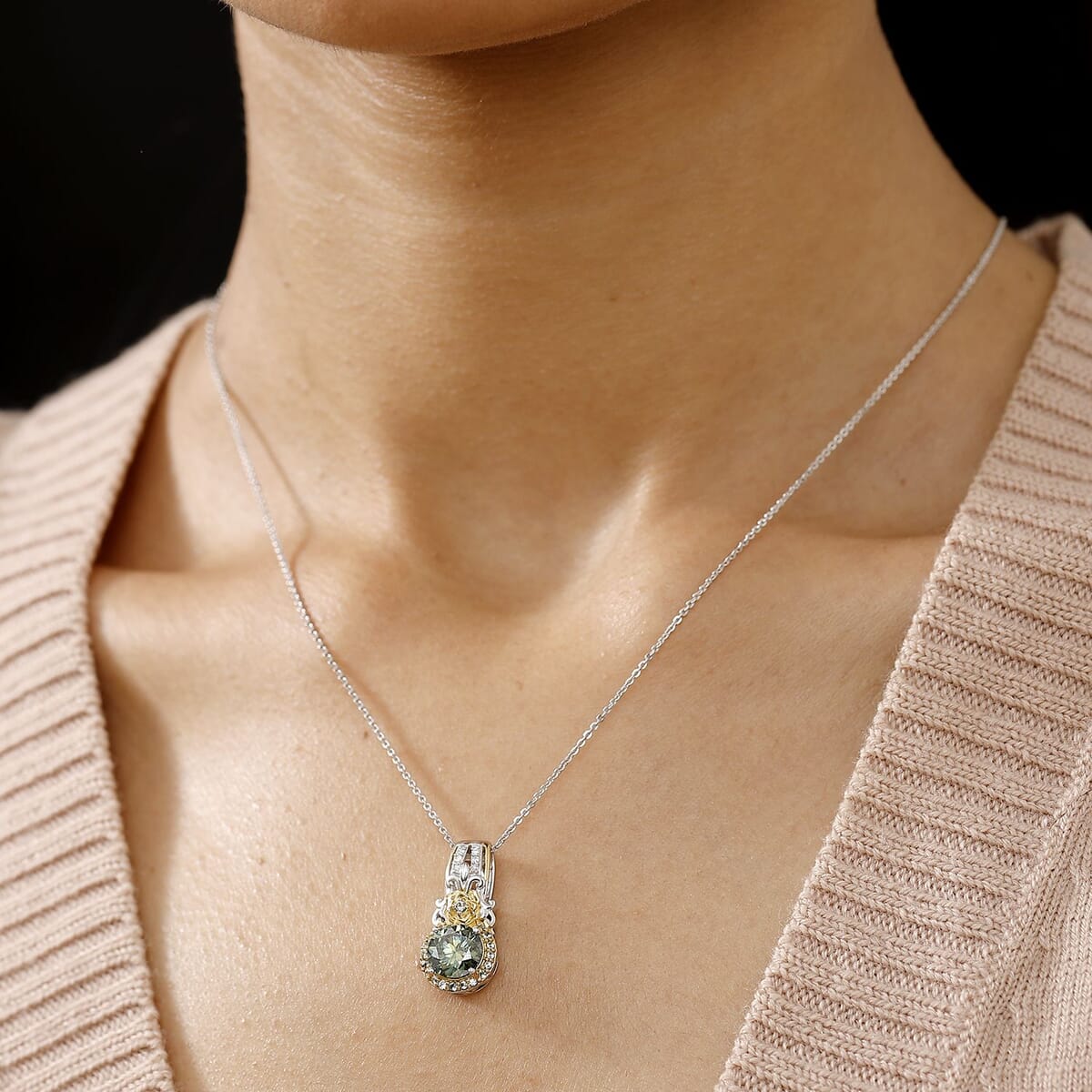 Green and White Moissanite and Green Sapphire 2.15 ctw Pendant Necklace 20 Inches in 18K Vermeil YG and Rhodium Over Sterling Silver image number 2