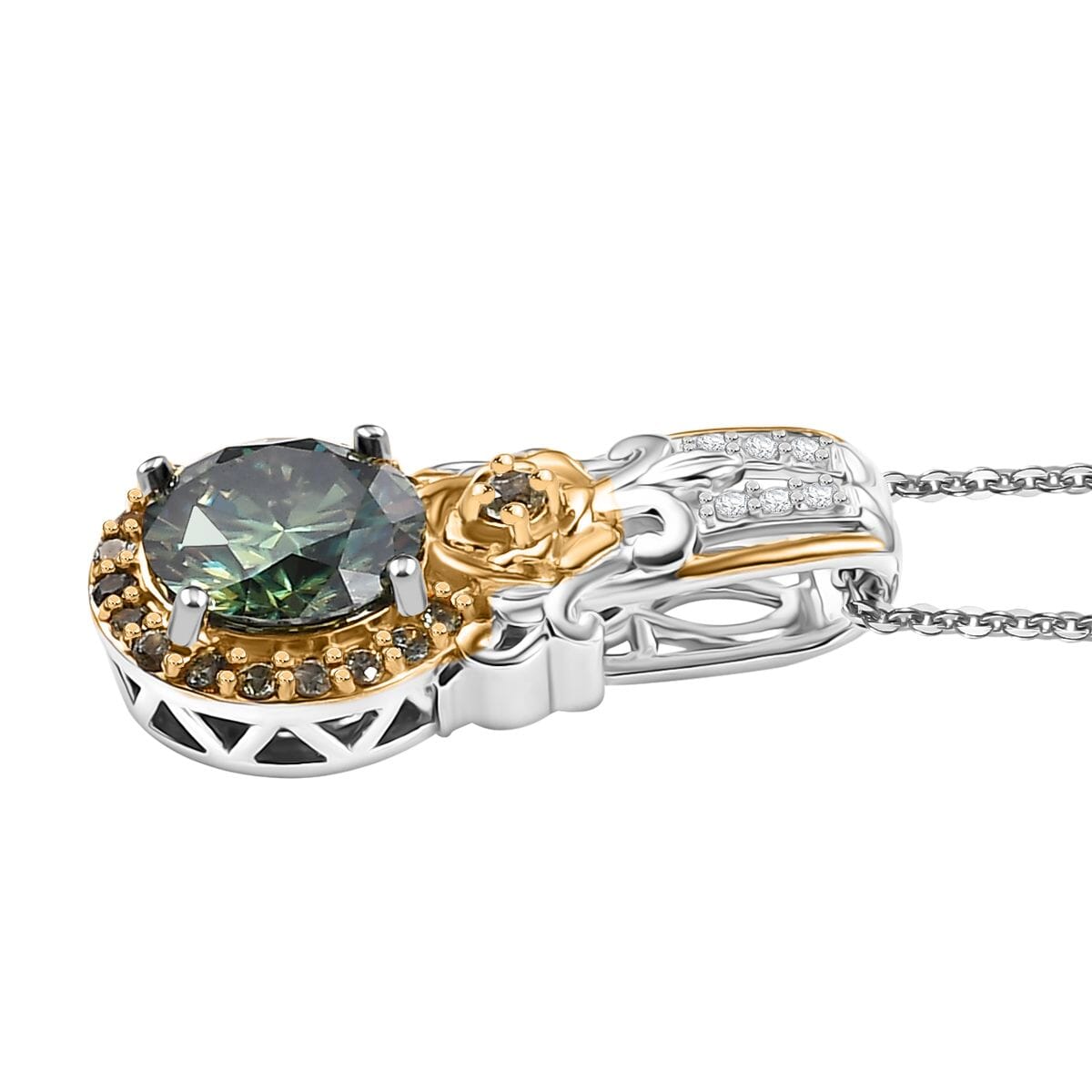 Green and White Moissanite and Green Sapphire 2.15 ctw Pendant Necklace 20 Inches in 18K Vermeil YG and Rhodium Over Sterling Silver image number 3