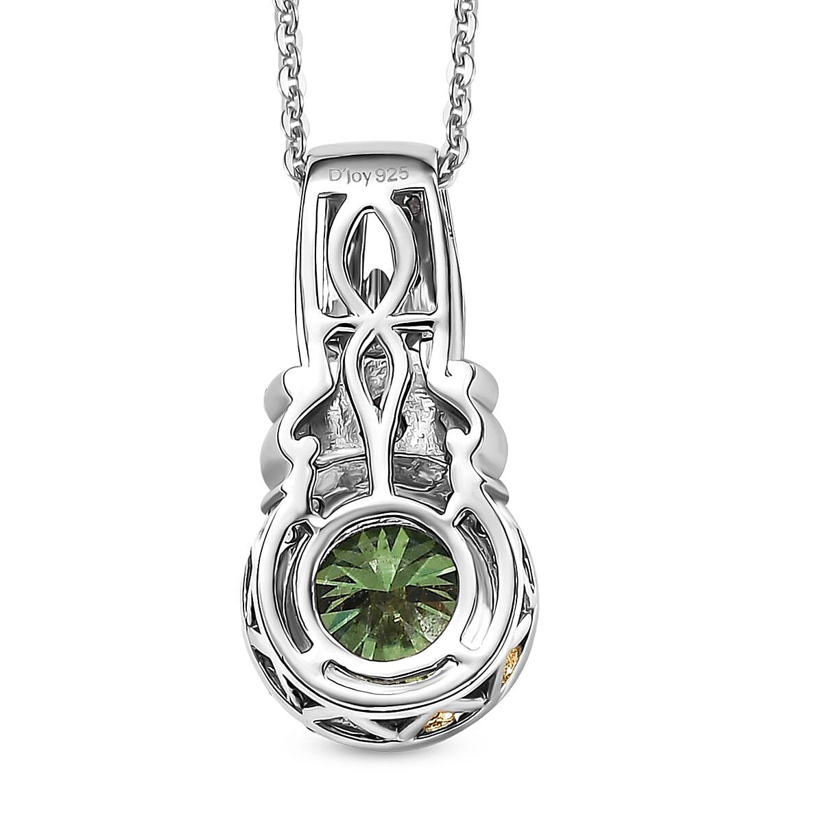 Green and White Moissanite and Green Sapphire 2.15 ctw Pendant Necklace 20 Inches in 18K Vermeil YG and Rhodium Over Sterling Silver