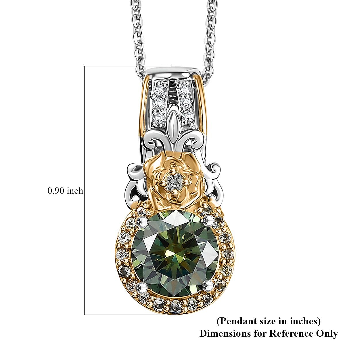 Green and White Moissanite and Green Sapphire 2.15 ctw Pendant Necklace 20 Inches in 18K Vermeil YG and Rhodium Over Sterling Silver