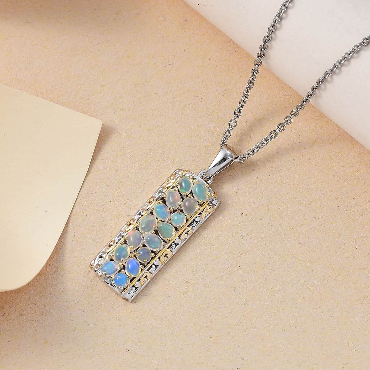 Doorbuster Ethiopian Welo Opal 1.50 ctw Aurora Cascade Pendant in 18K Vermeil YG Rhodium Over Sterling Silver with Stainless Steel Necklace 20 Inches image number 1