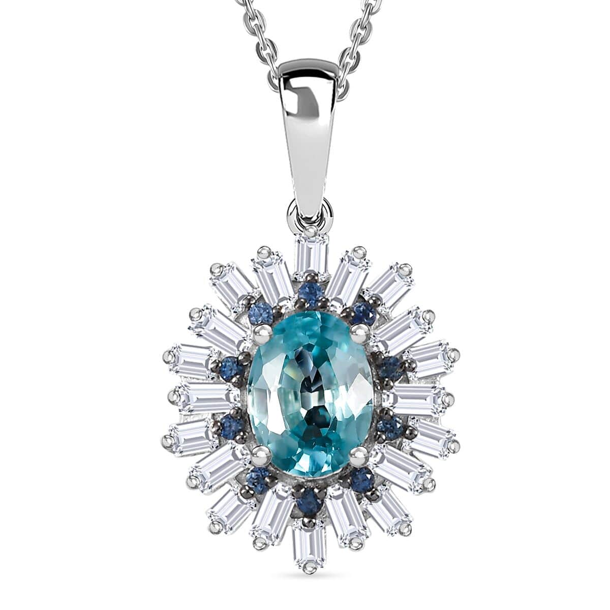 Premium Cambodian Blue Zircon and Multi Gemstone 3.10 ctw Ocean Radiance Pendant Necklace in Rhodium Over Sterling Silver 20 Inches image number 0