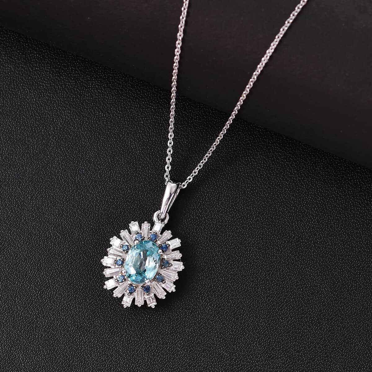 Premium Cambodian Blue Zircon and Multi Gemstone 3.10 ctw Ocean Radiance Pendant Necklace in Rhodium Over Sterling Silver 20 Inches image number 1