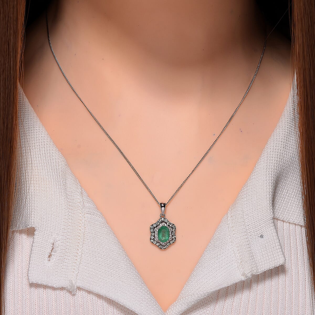 Kagem Zambian Emerald and Multi Gemstone 1.90 ctw Tidal Majesty Pendant Necklace in Rhodium Over Sterling Silver 20 Inches image number 1
