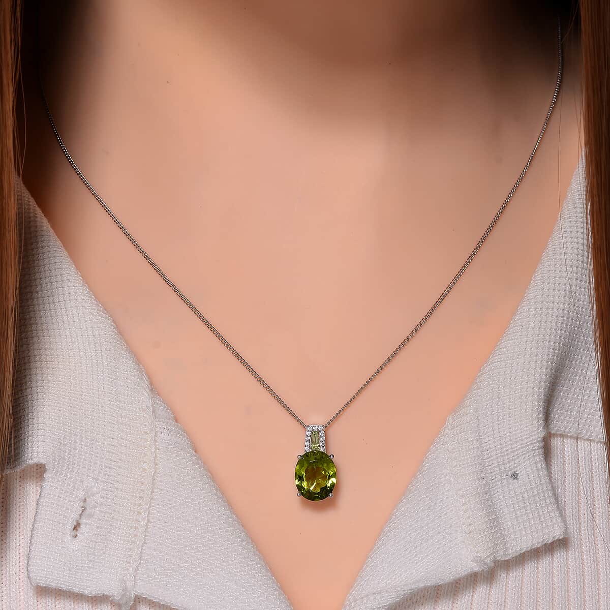 Doorbuster Hebei Peridot and White Zircon 4.35 ctw Forest Dew Pendant Necklace in Platinum Over and Rhodium Over Sterling Silver 20 Inches image number 1